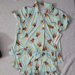 Charming Bear Print Adult Pajama Set - Light Blue